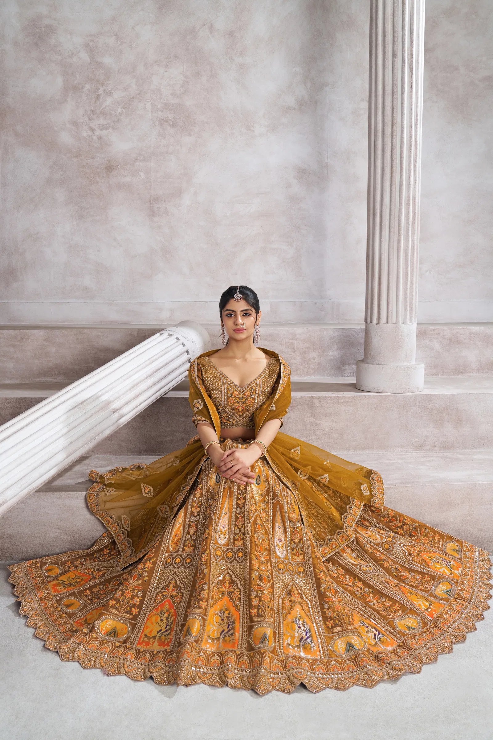 Kf 32 Mustard Banarasi Silk Patch Work Semi Bridal Lehenga Choli Wholesale Clothing Suppliers In India